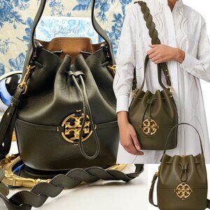 🆕 TORY BURCH 🧿 NWOT Miller Bucket Bag, Leccio Olive Green - AUTHENTICATED